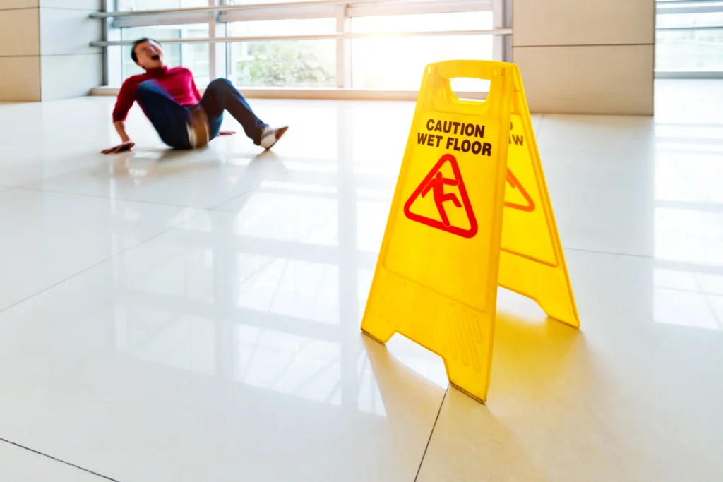 A man slipping on floor with a caution sign