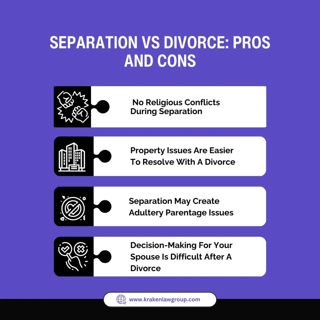 An infographic on the pros and cons of separation vs divorce