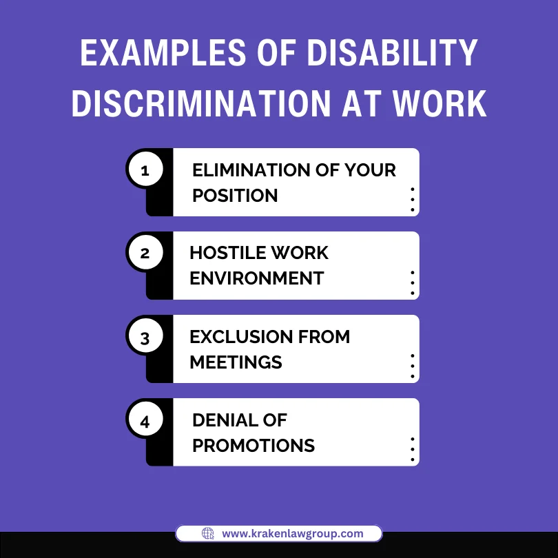 An infographic on the examples of disability discrimination at work