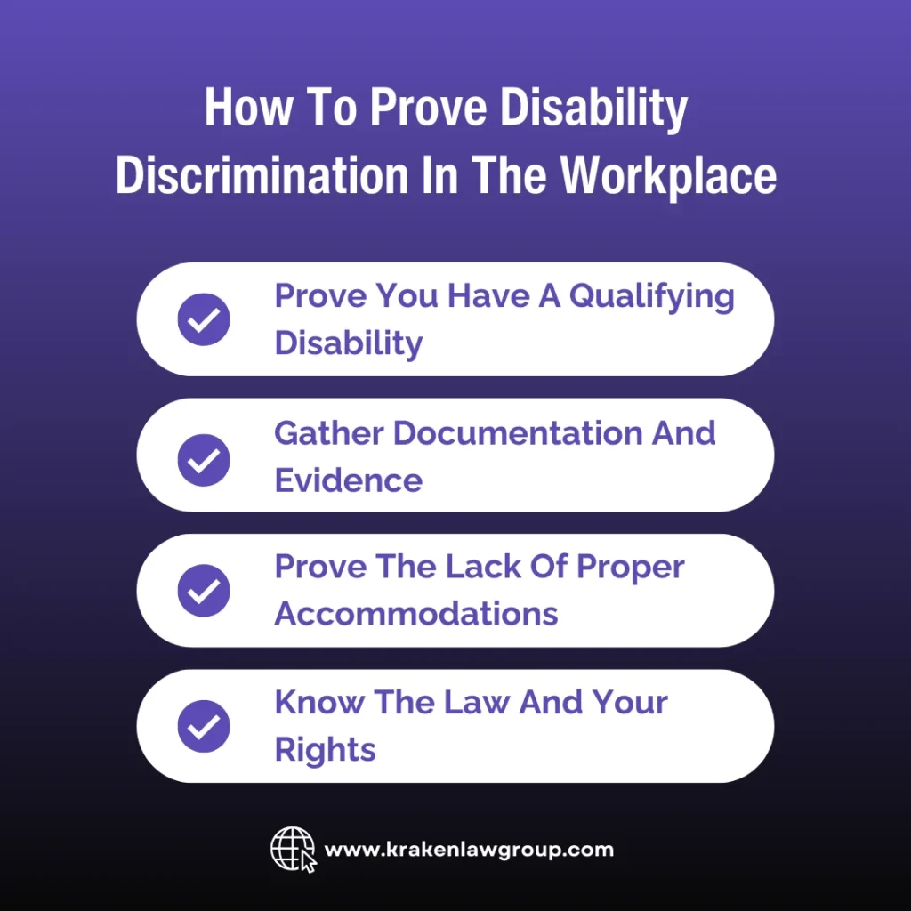 An infographic on how to prove disability discrimination in the workplace