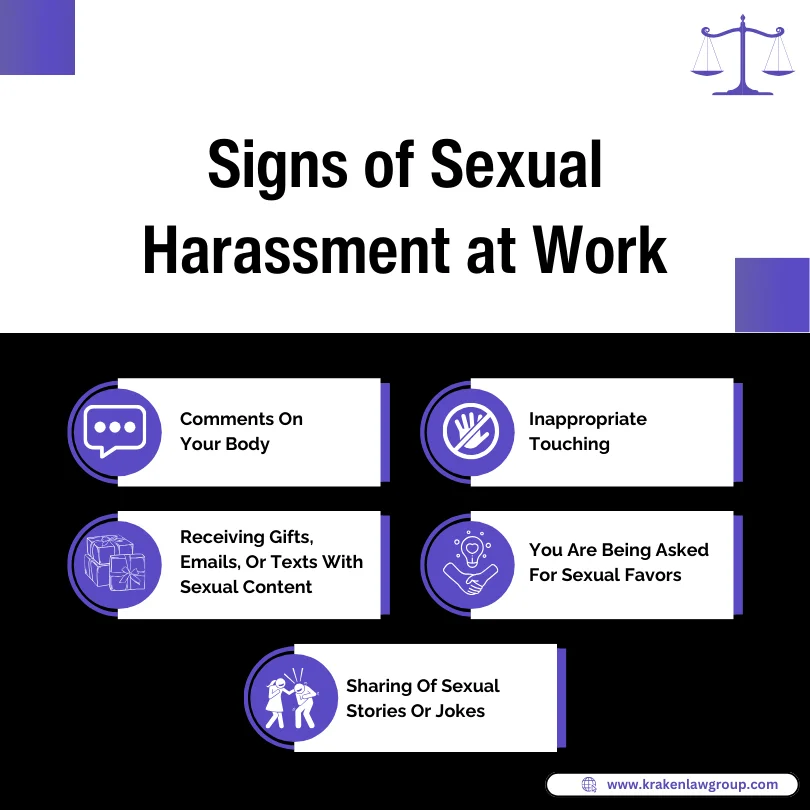 An infographic on the signs of sexual harassment in the workplace