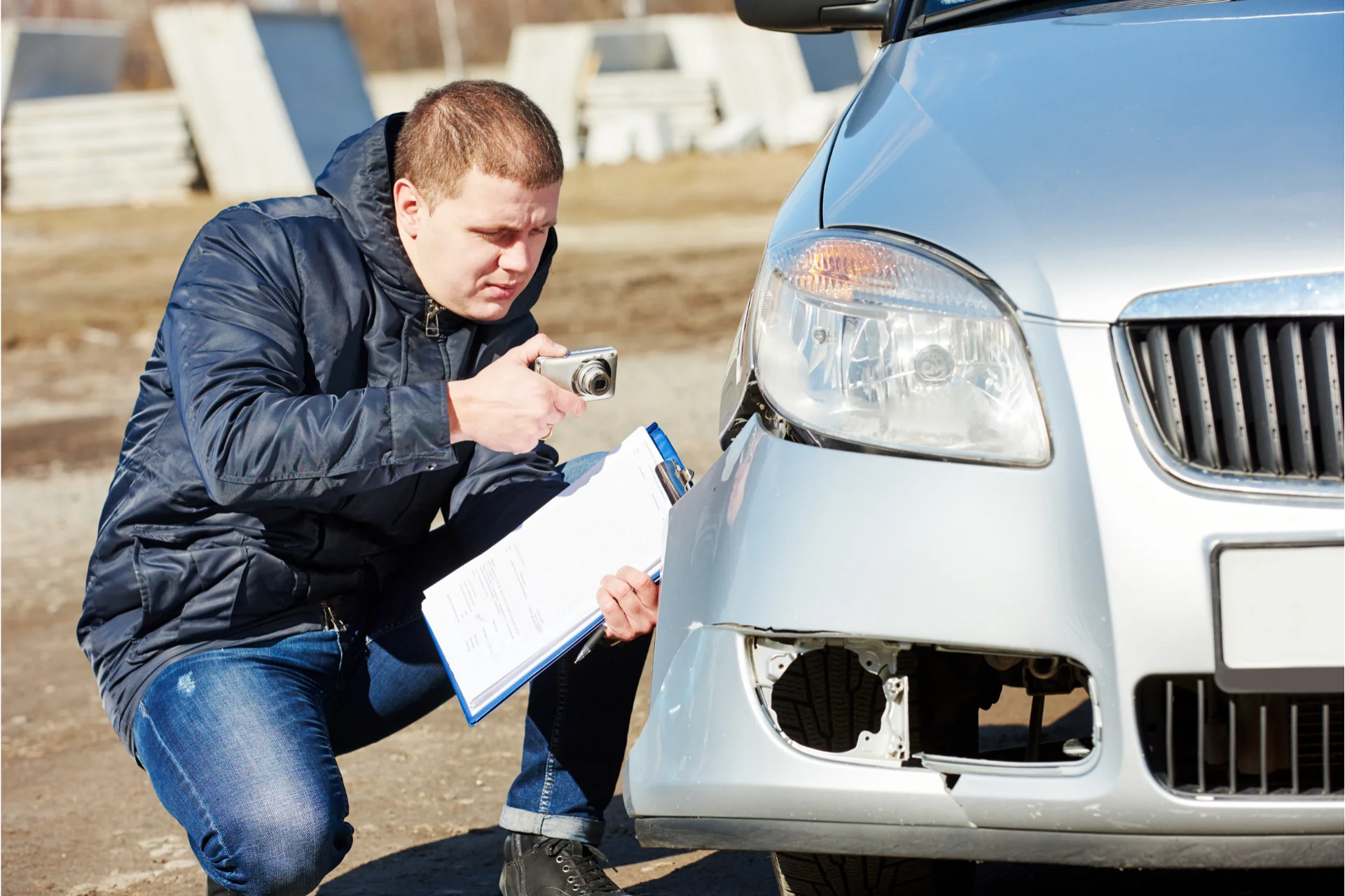Insurance agent inspecting car damage after accident
