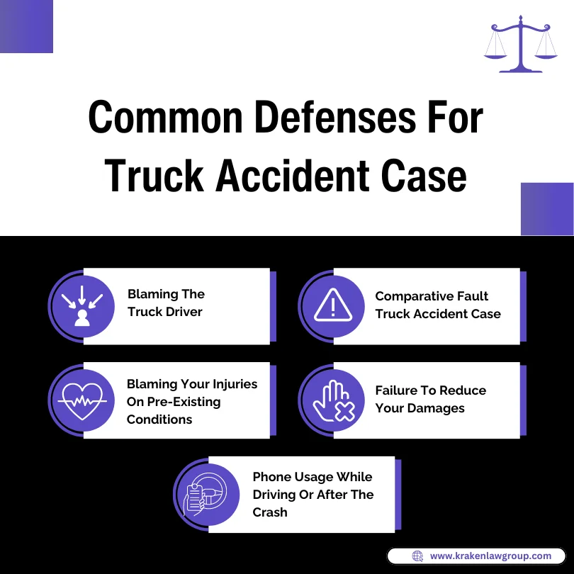An infographic listing the common defenses for truck accident cases
