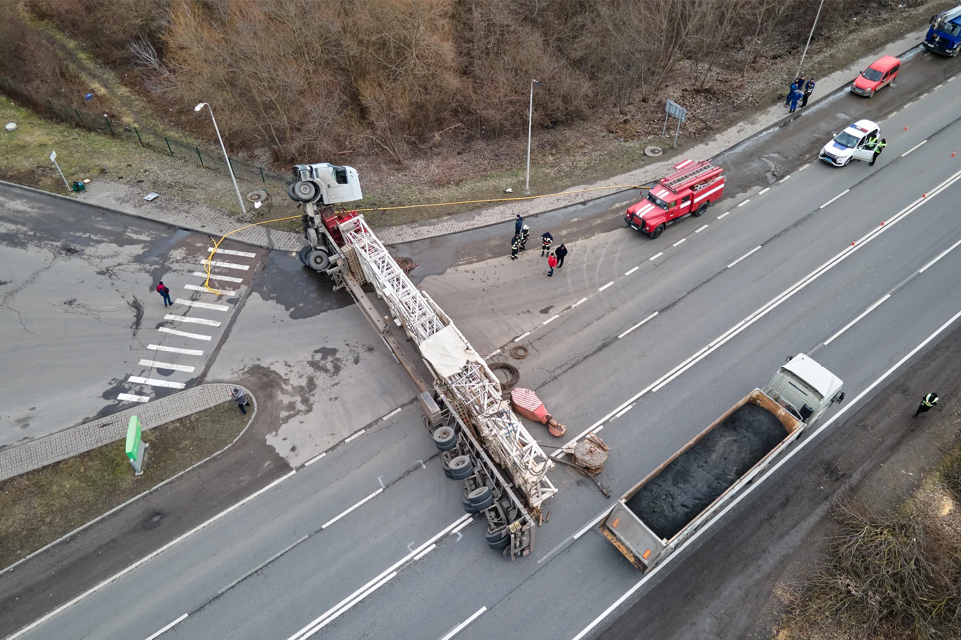 An aerial view of a truck accident on a highway