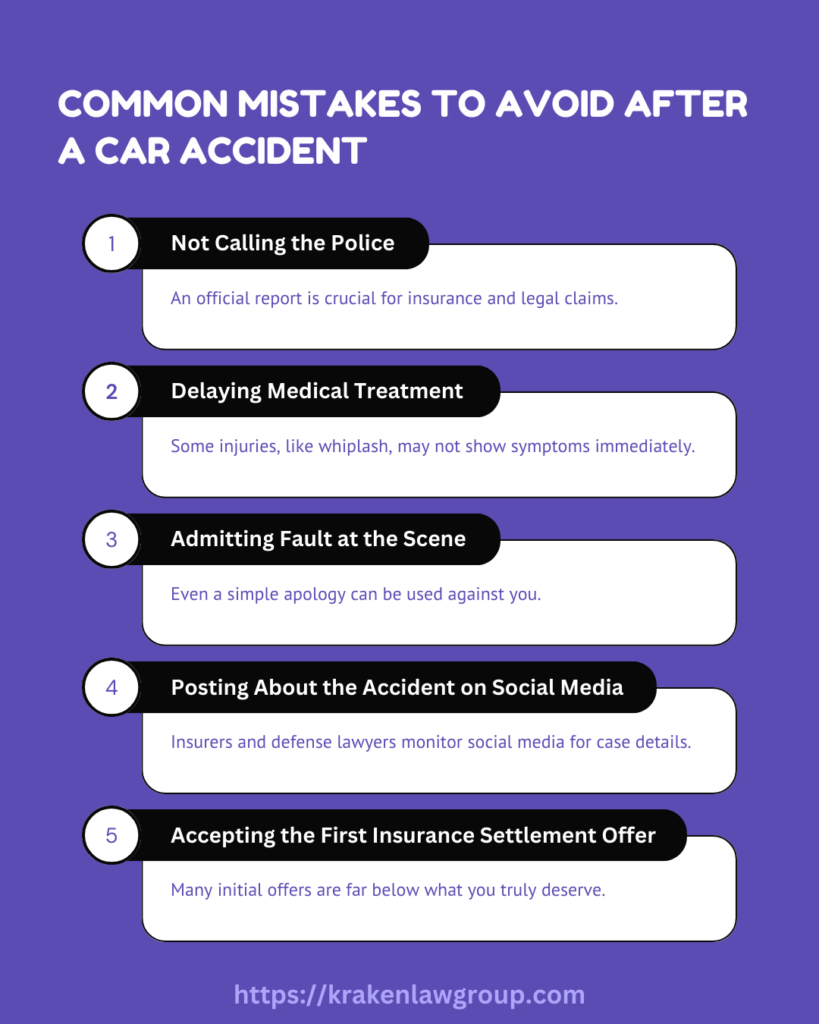 Infographic listing common mistakes to avoid after a car accident, including admitting fault, delaying medical treatment, and accepting low settlements.