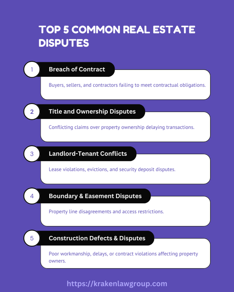 Infographic listing the top five real estate disputes, including contract breaches, title issues, landlord-tenant conflicts, boundary disputes, and construction defects.