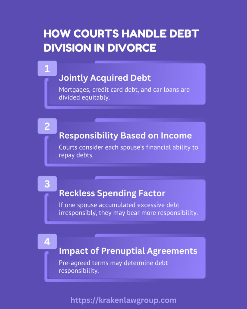 Infographic outlining how Florida courts handle debt division in divorce cases.