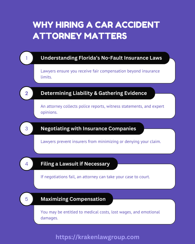 Infographic explaining the benefits of hiring a car accident attorney, including insurance negotiations, legal representation, and maximizing compensation.