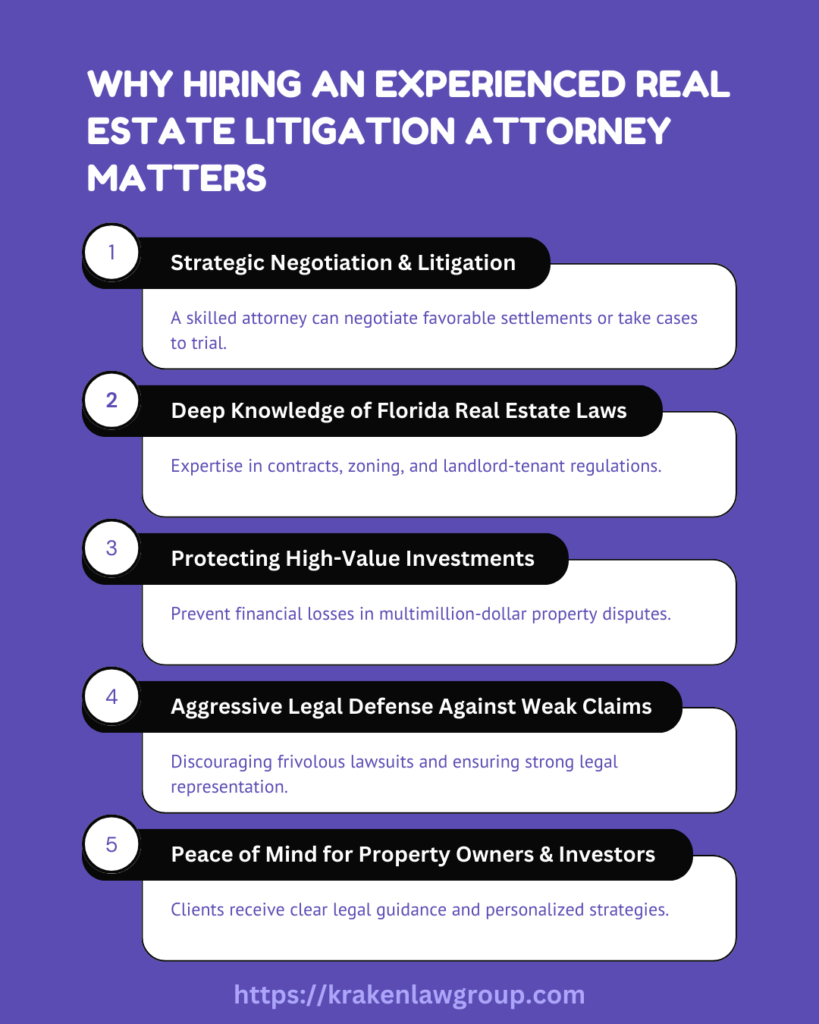 Infographic outlining why hiring an experienced real estate litigation attorney matters, including legal expertise, investment protection, and aggressive representation.