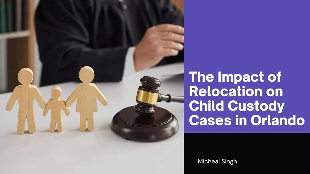 Judge with gavel beside wooden figures of a family symbolizing child custody and relocation