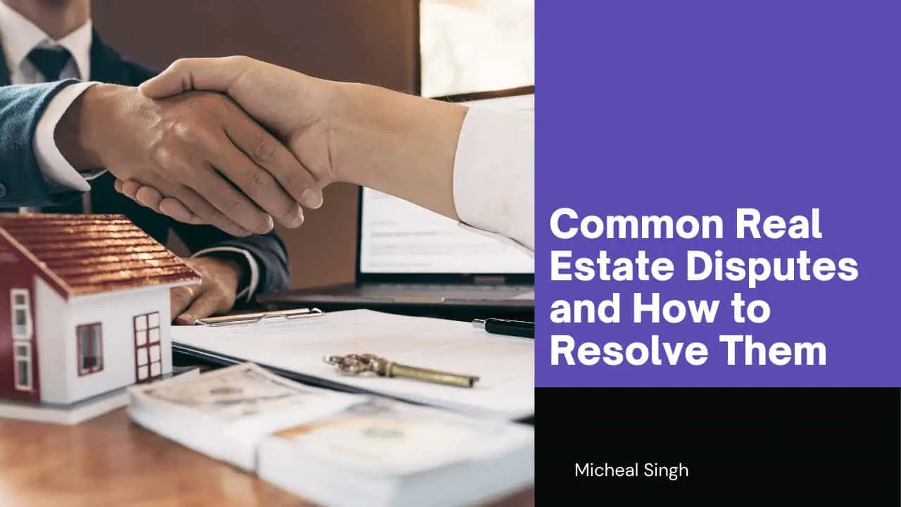Handshake between two people at a real estate office resolving a property dispute